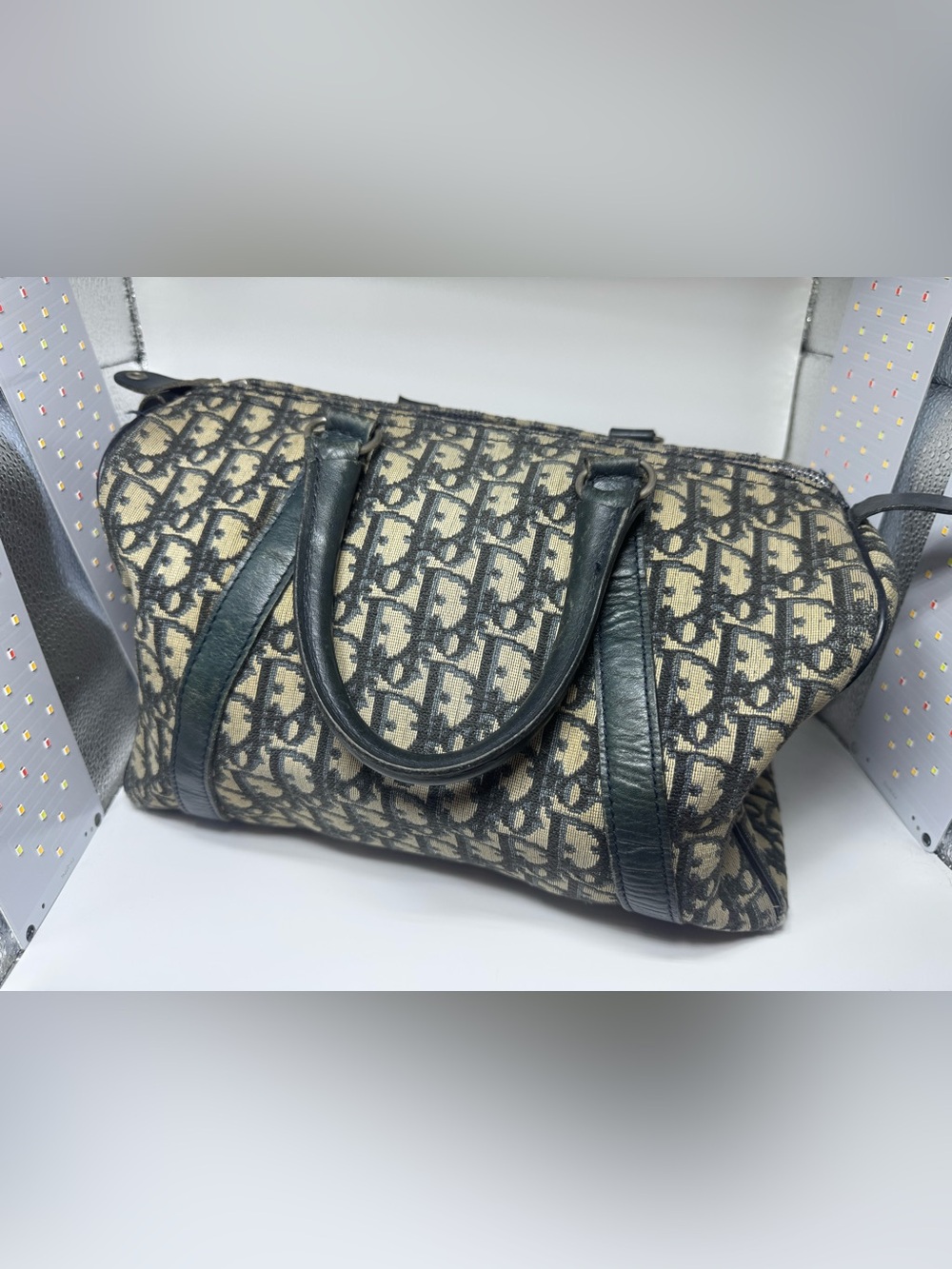 Christian Dior Oblique Boston Bag Blue Trotter Monogram Authentic Vintage Dior - Picture 3 of 16
